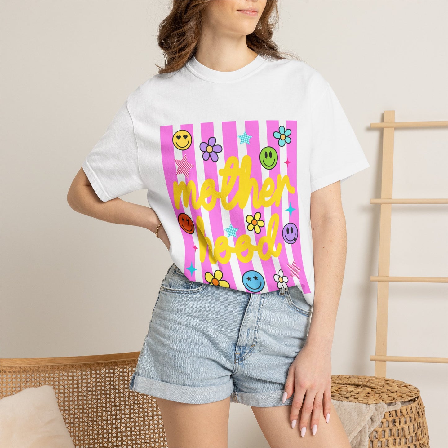 Motherhood T-Shirt — Retro Smiley Flowers Graphic Tee