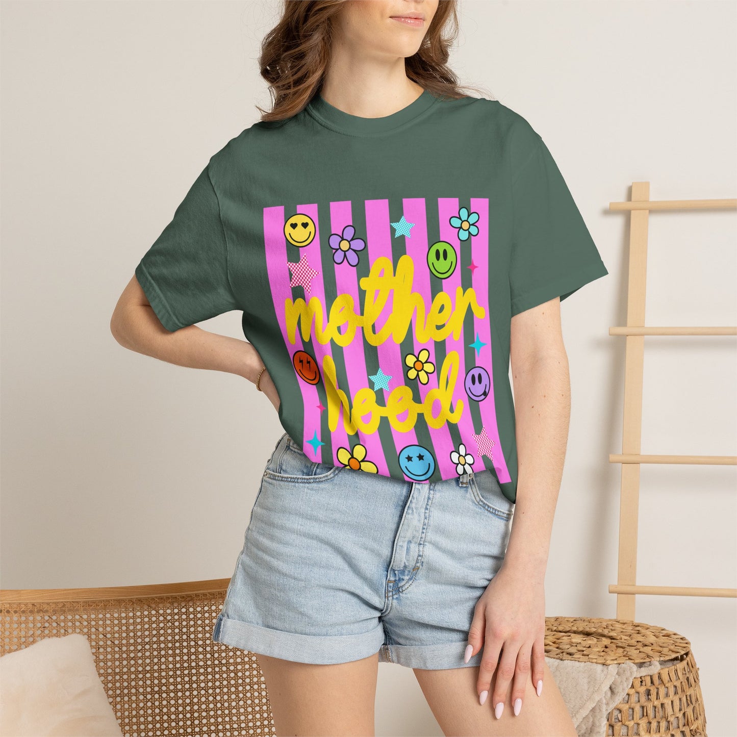 Motherhood T-Shirt — Retro Smiley Flowers Graphic Tee