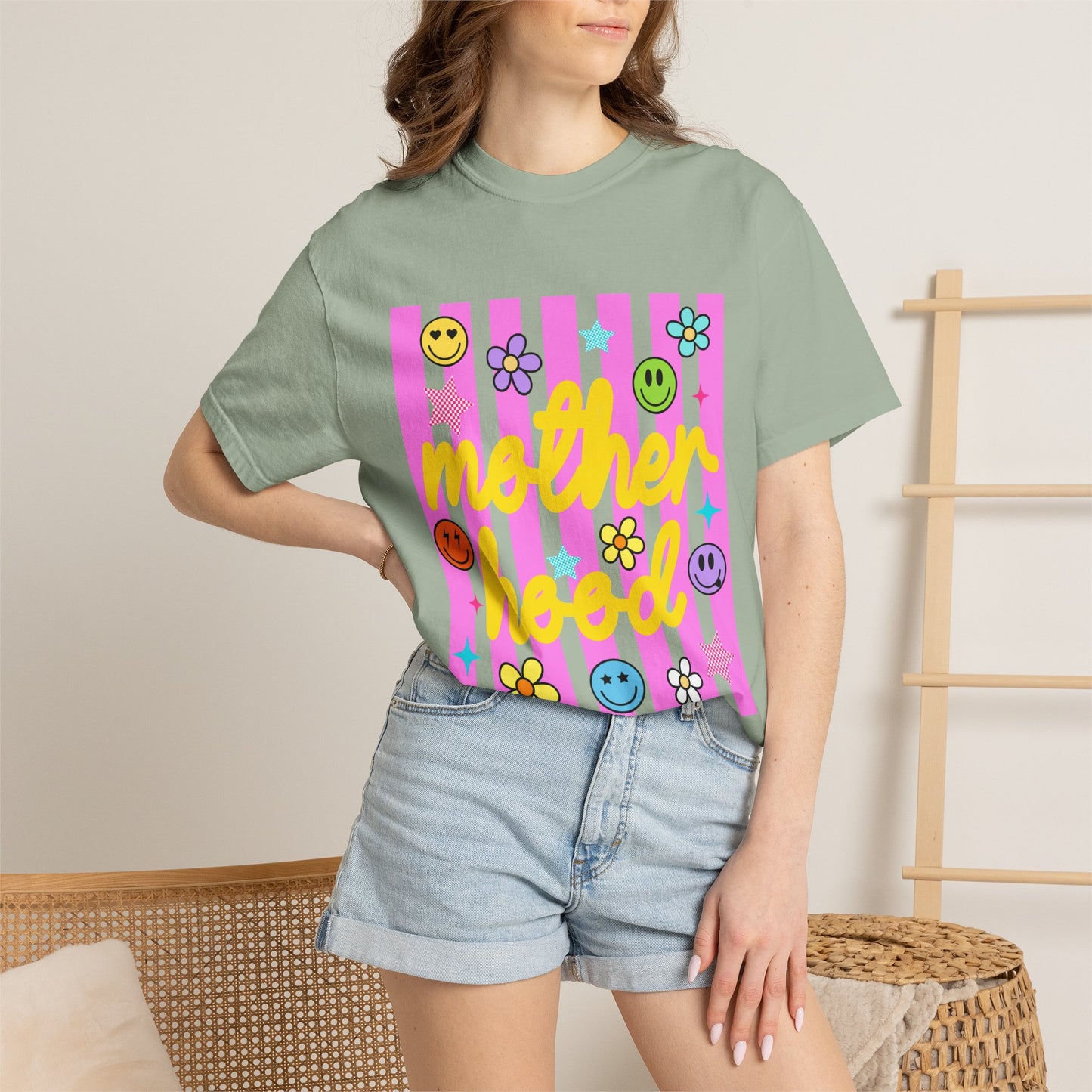 Motherhood T-Shirt — Retro Smiley Flowers Graphic Tee